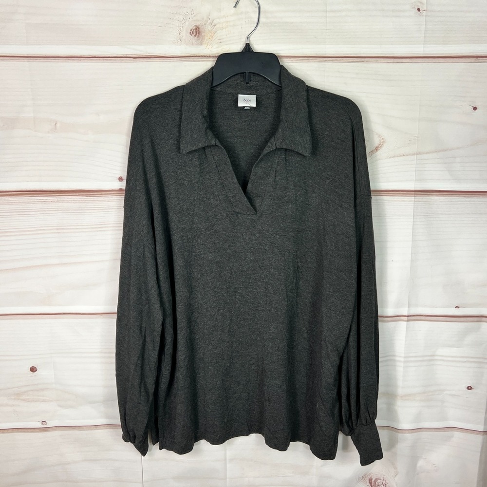 CAbi Top Womens Large Gray Knit Blouse Polo Collar Long Sleeve Pullover Solid